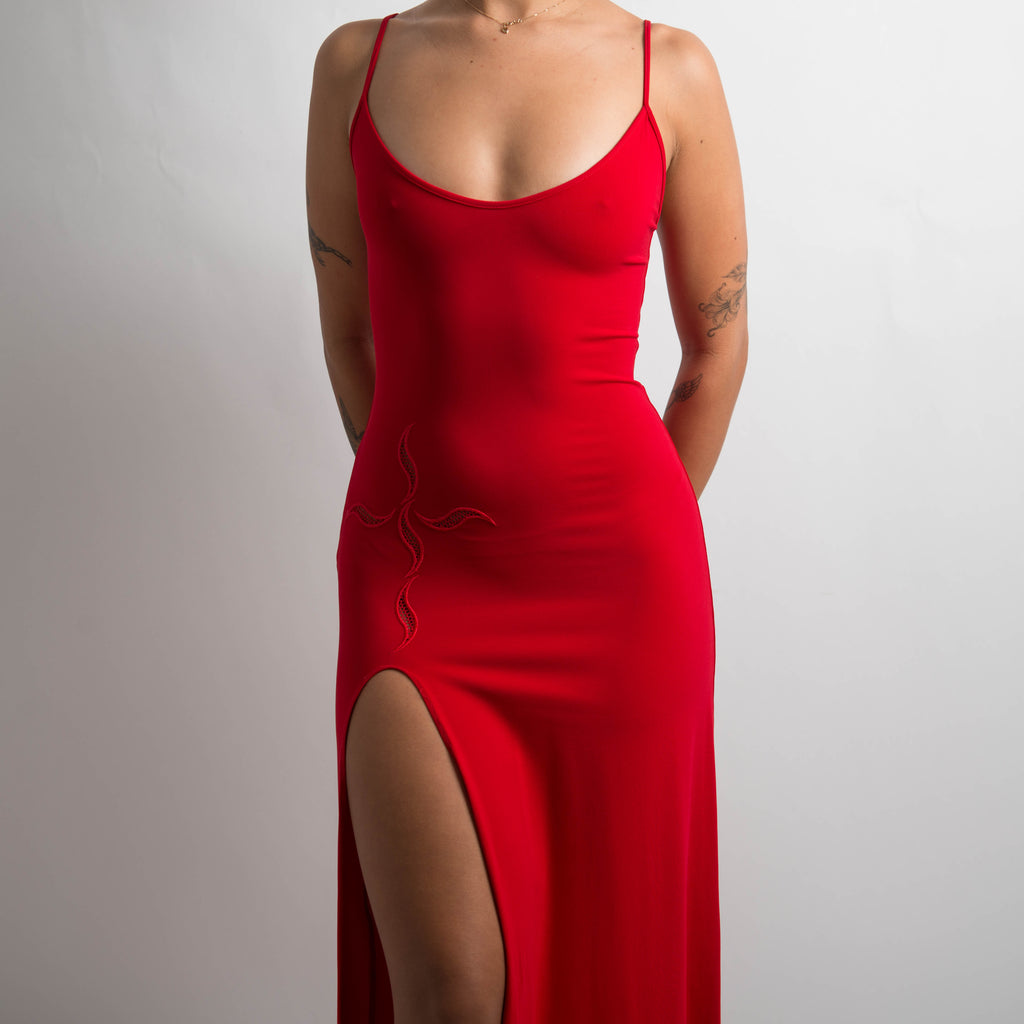 RED HIGH CUT SLINKY GOWN