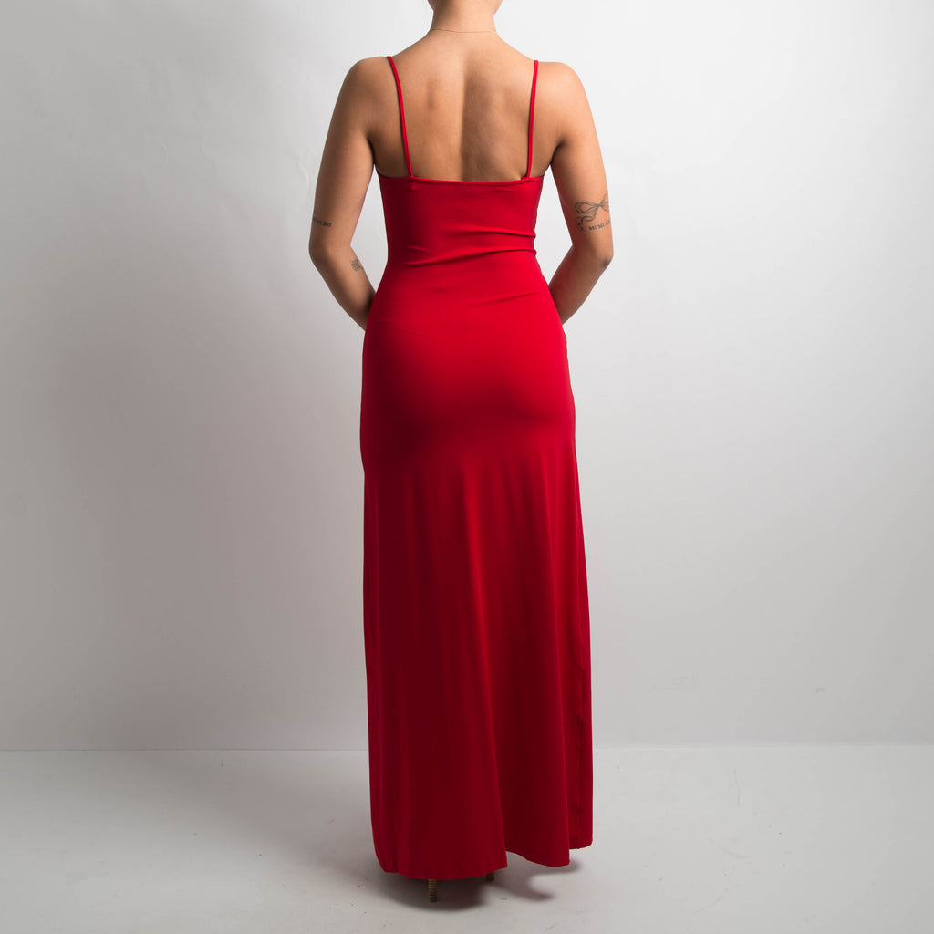 RED HIGH CUT SLINKY GOWN
