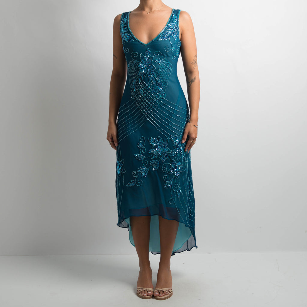 TEAL SILK BEADED DRESS