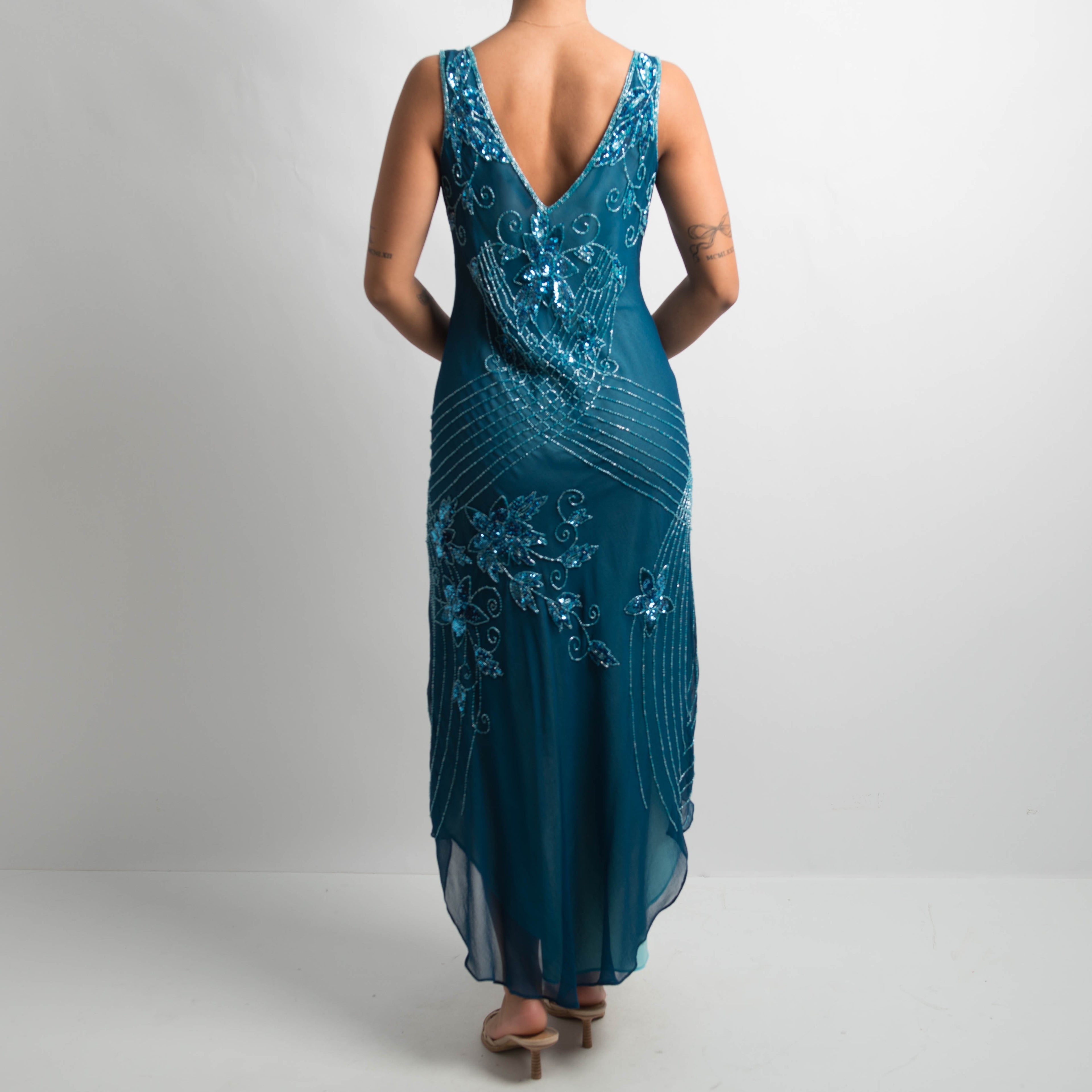 TEAL SILK BEADED DRESS