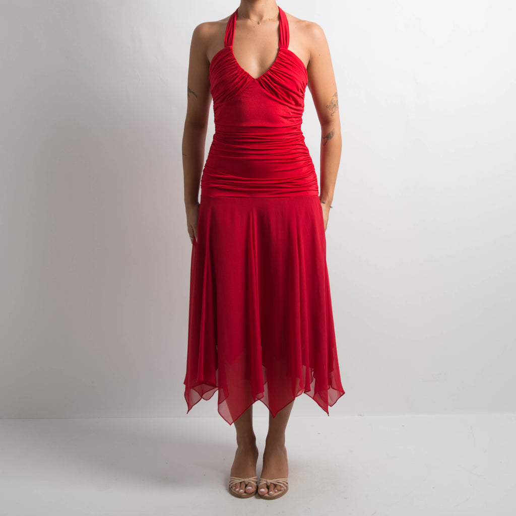 RED HALTER EVENING DRESS