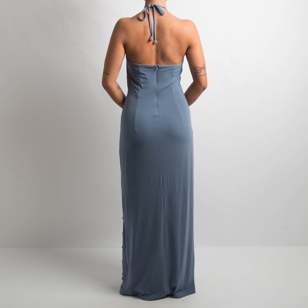 GREY BLUE HALTER GOWN
