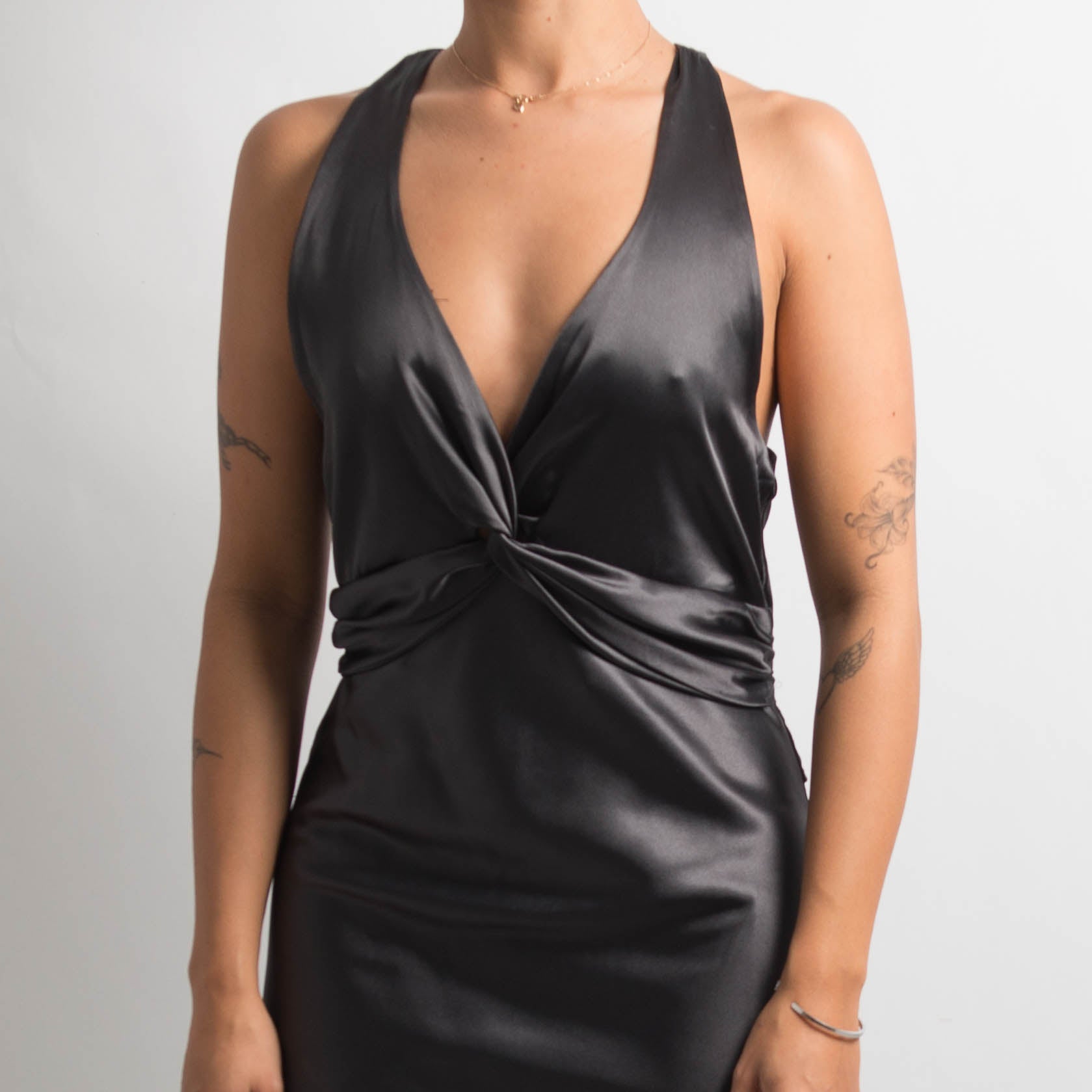 GUNMETAL SATIN MIDI DRESS