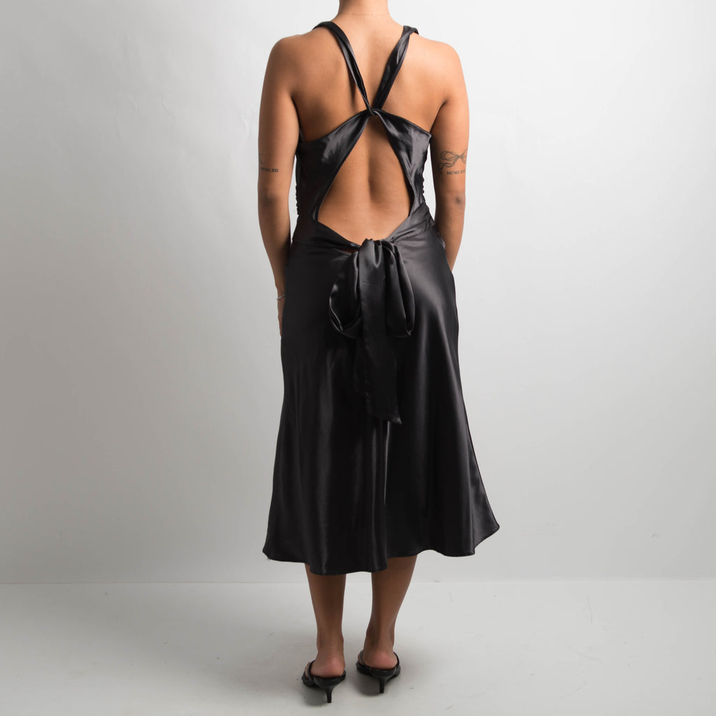 GUNMETAL SATIN MIDI DRESS