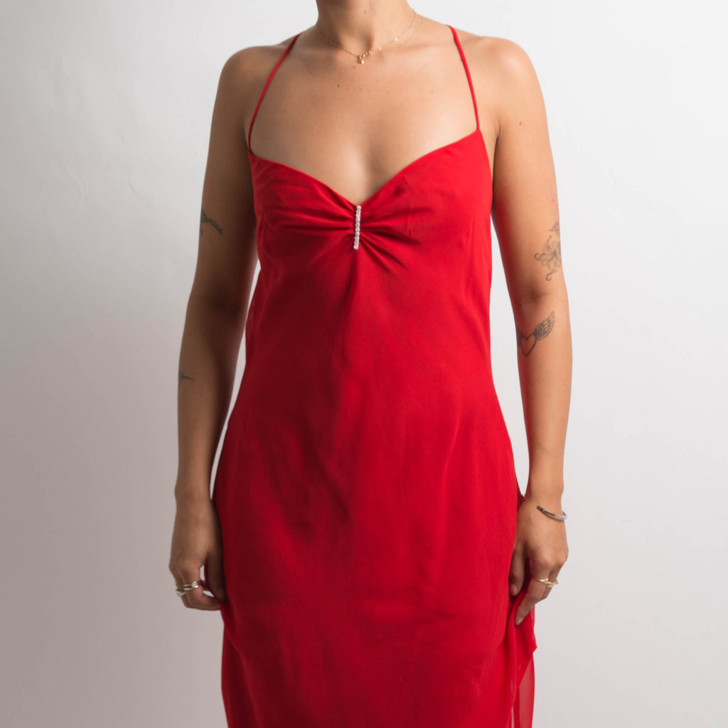 RED ASYMMETRIC EVENING DRESS
