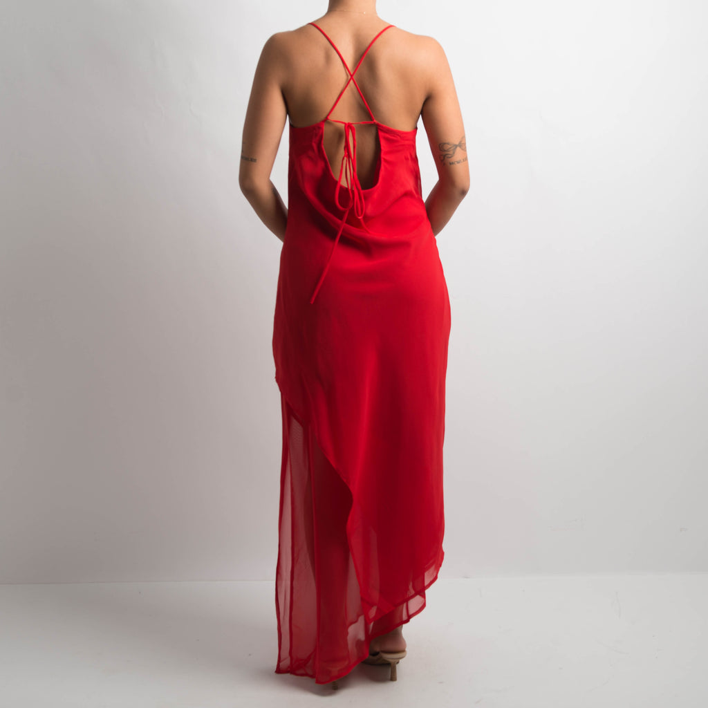 RED ASYMMETRIC EVENING DRESS