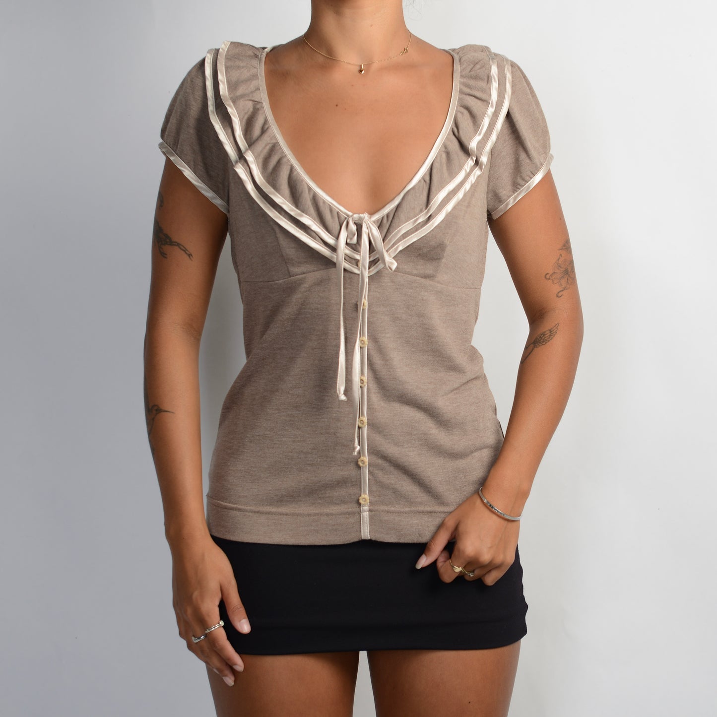 TAUPE RUFFLE BLOUSE