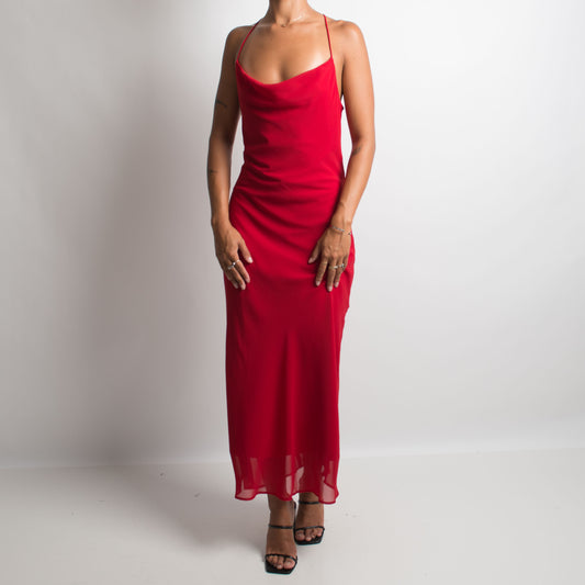 RED COWL NECK EVENING DRESS