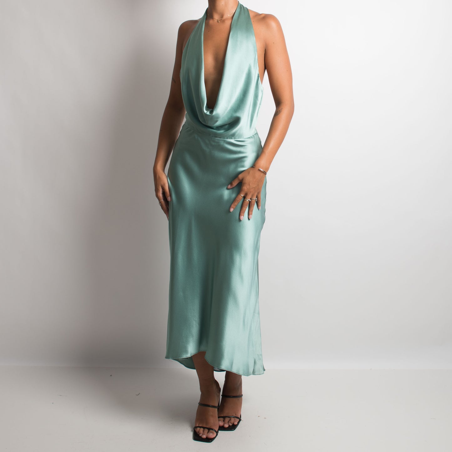 TEAL SILK COWL NECK DRESS