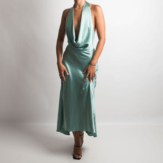 TEAL SILK COWL NECK DRESS