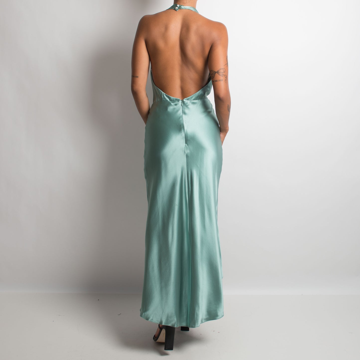 TEAL SILK COWL NECK DRESS