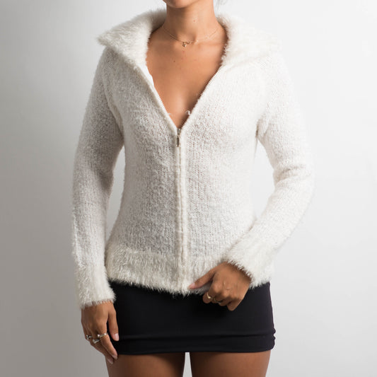 WHITE MOHAIR ZIP CARDIGAN