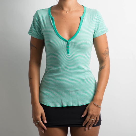 GREEN STRIPED BUTTON TSHIRT