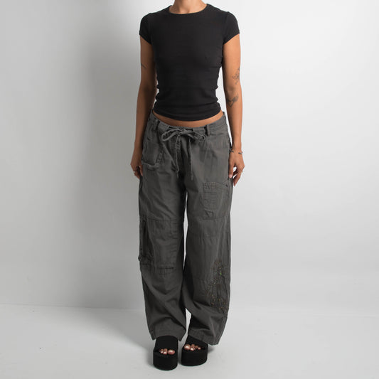 GREY EMBROIDERED CARGO PANTS