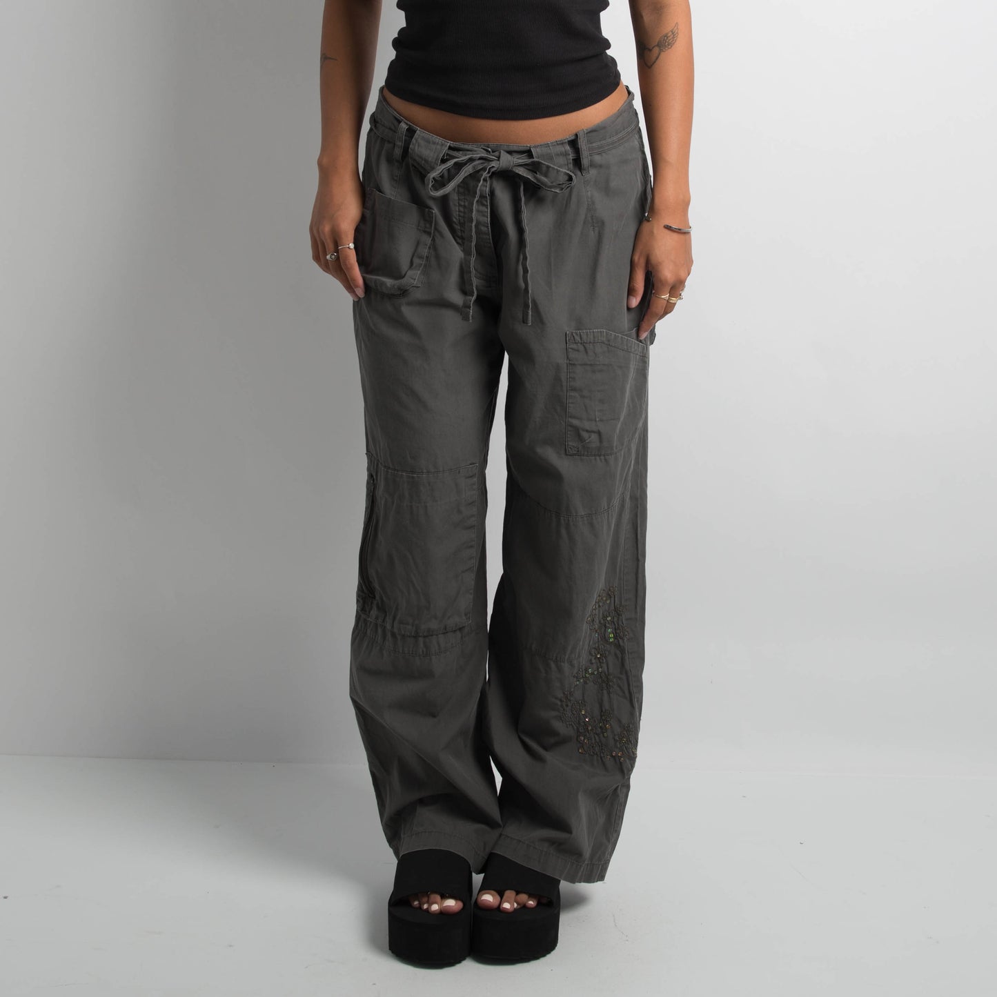 GREY EMBROIDERED CARGO PANTS