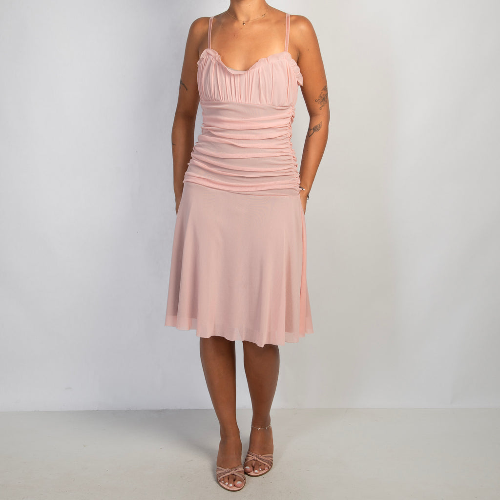 PINK RUCHED MESH MIDI DRESS