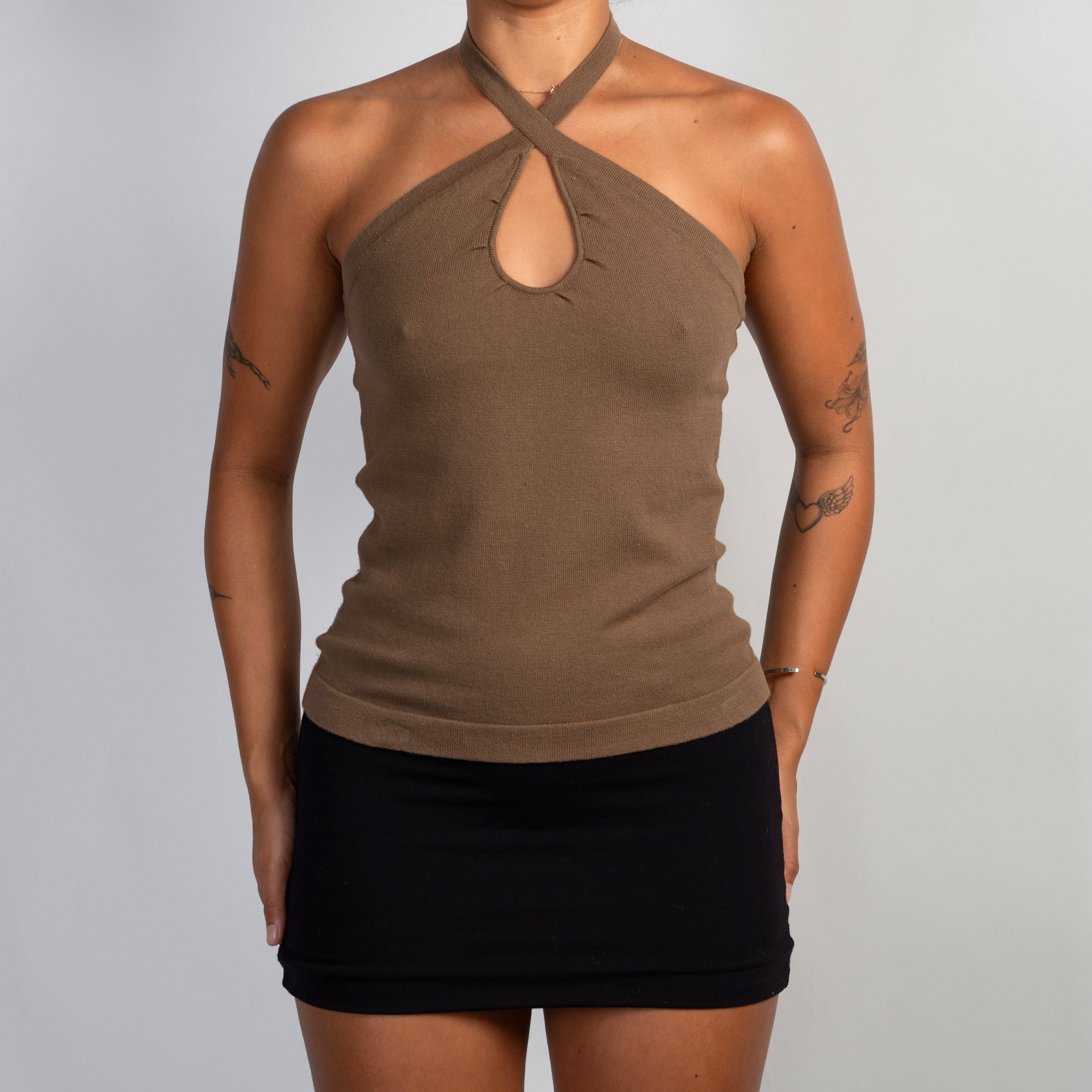 BROWN KNIT HALTER TOP