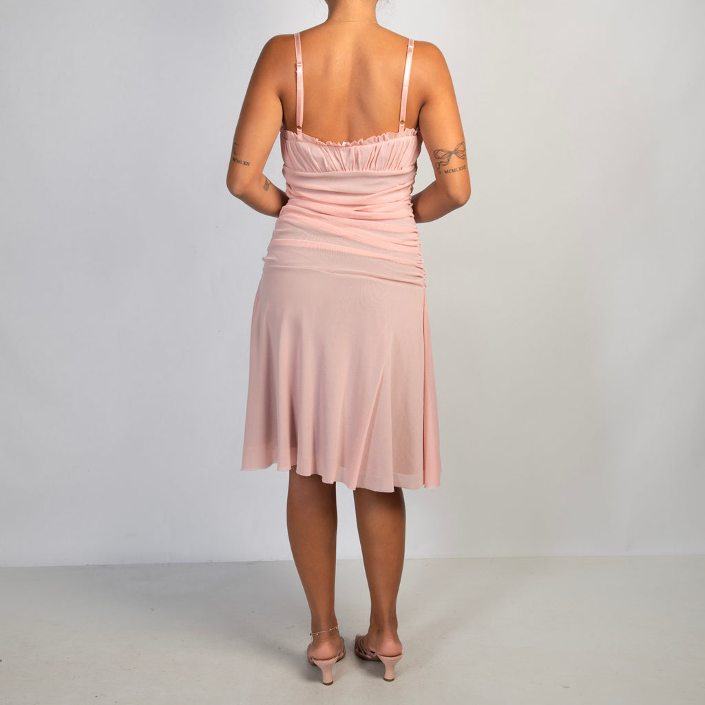 PINK RUCHED MESH MIDI DRESS