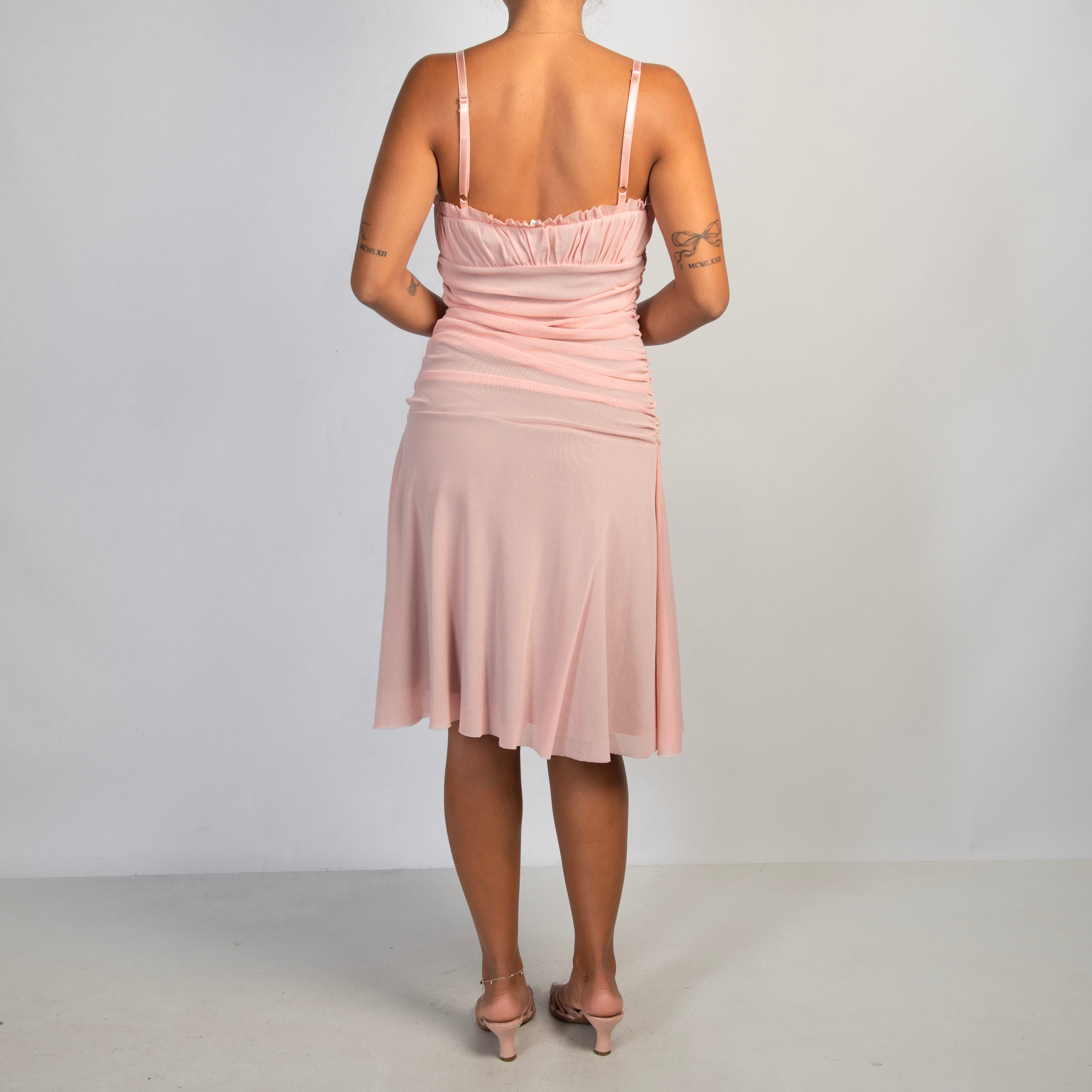 PINK RUCHED MESH MIDI DRESS