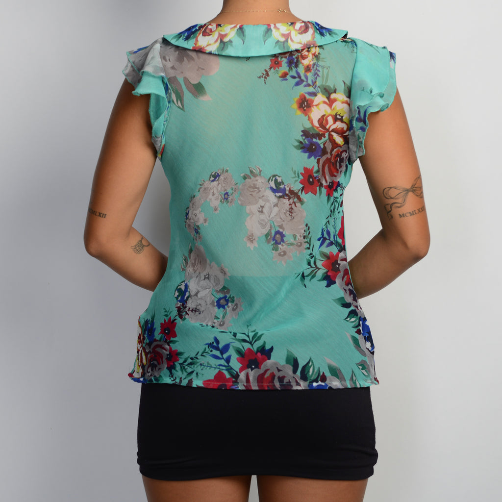 TEAL FLORAL RUFFLE TOP