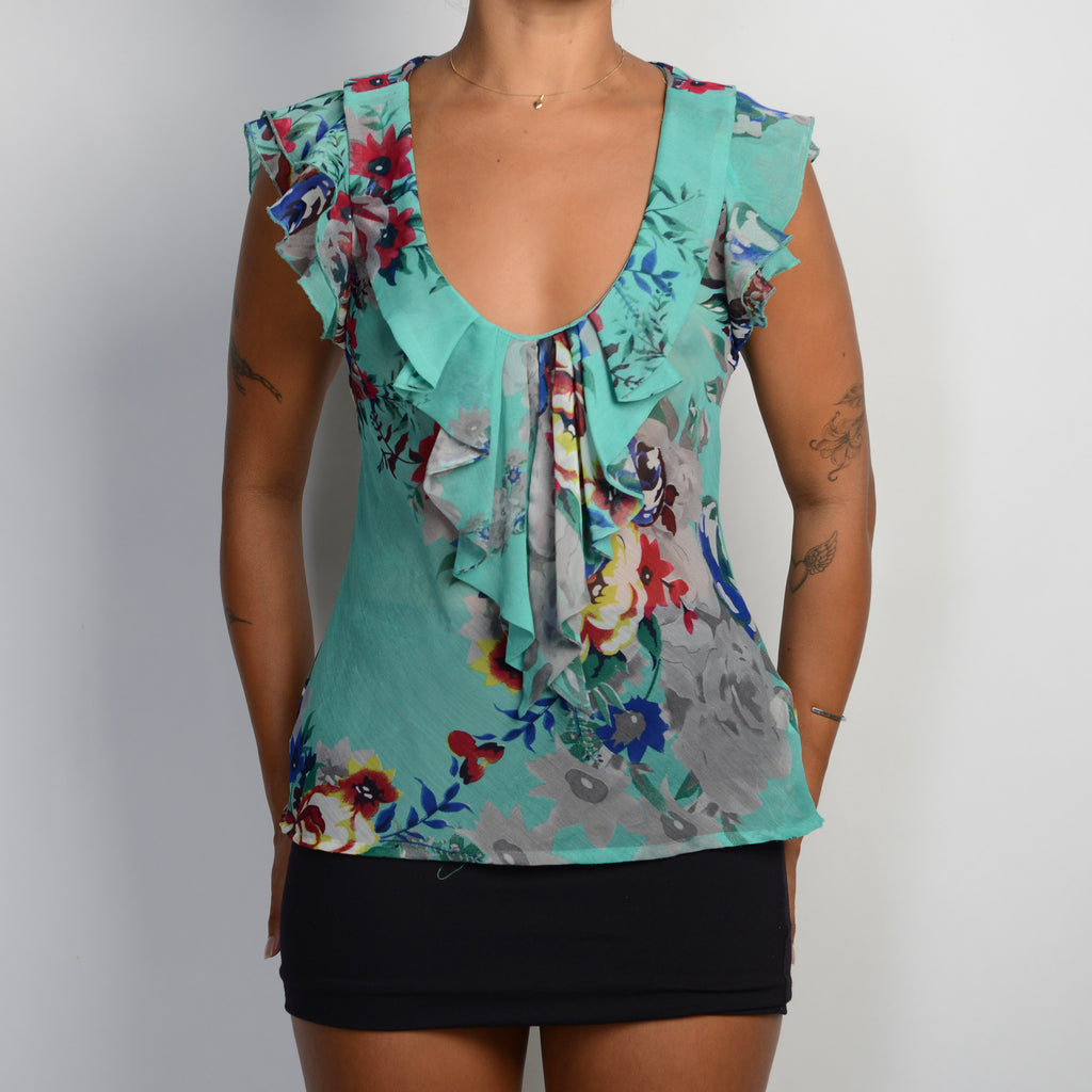 TEAL FLORAL RUFFLE TOP