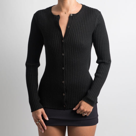 BLACK WOOL RIBBED CARDIGAN