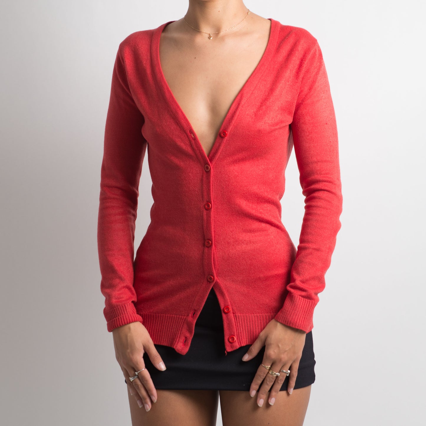 RED BUTTON FRONT CARDIGAN