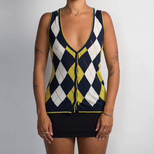 NAVY ARGYLE BUTTON VEST