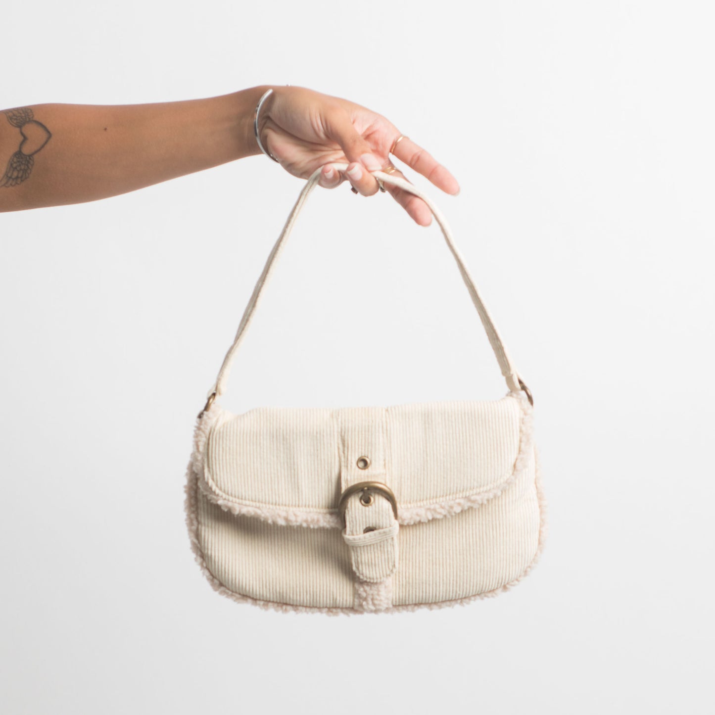 CREAM CORDUROY BUCKLE HANDBAG