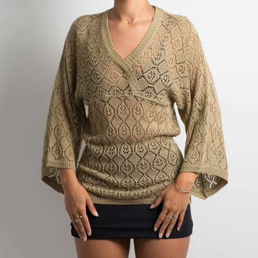 TAN KNIT CROCHET TOP