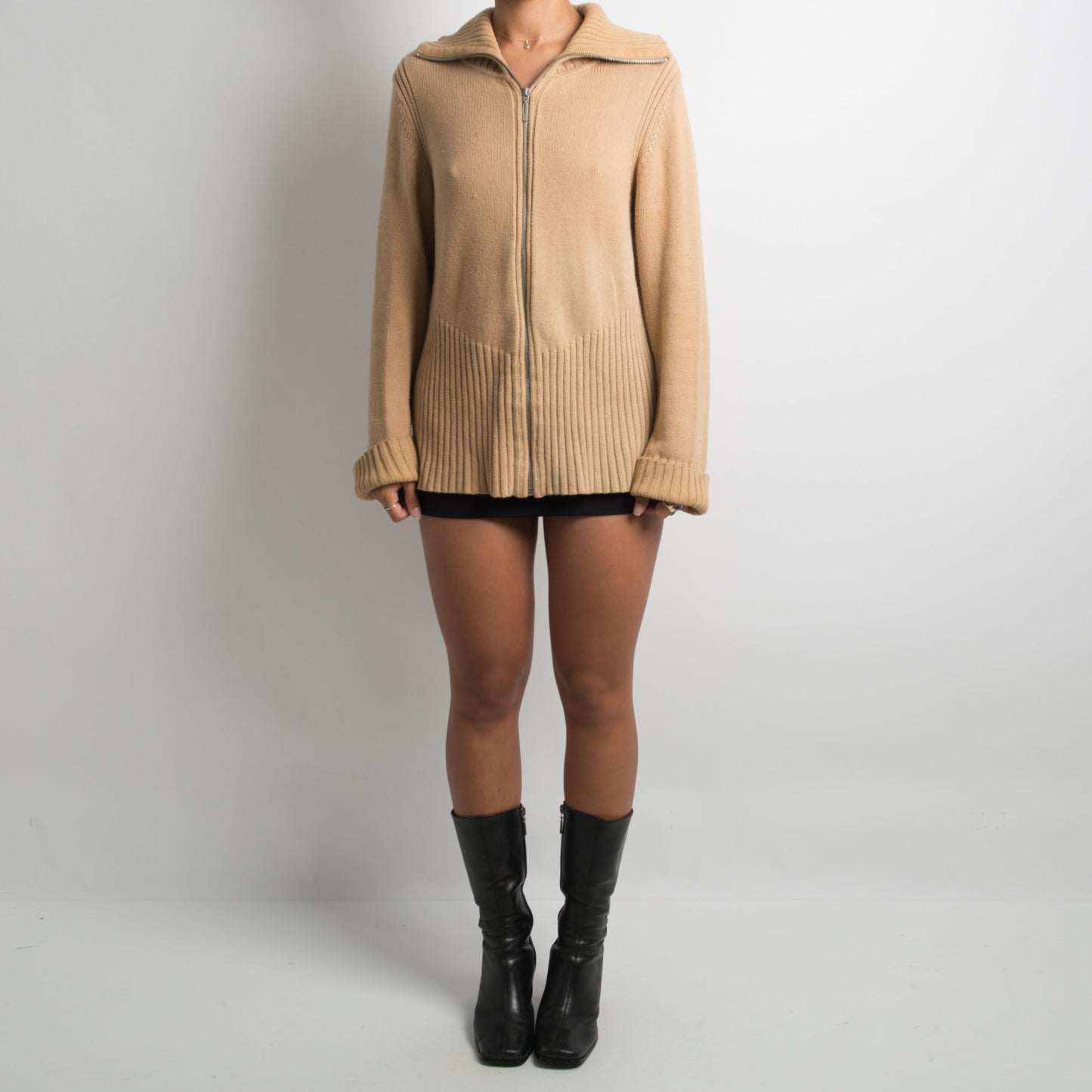 TAN KNIT ZIP FRONT SWEATER