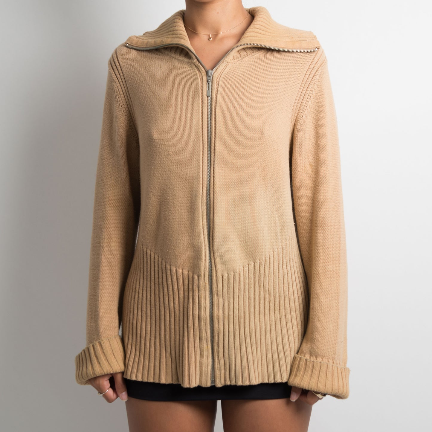 TAN KNIT ZIP FRONT SWEATER