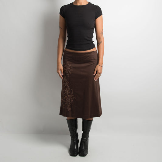 BROWN EMBROIDERED MIDI SKIRT