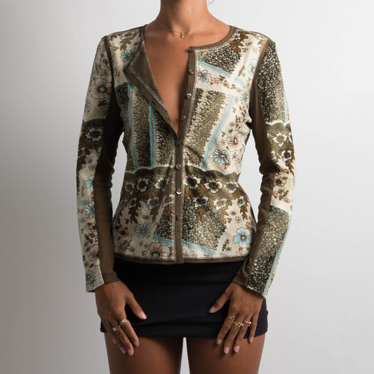 KHAKI MESH PATTERNED CARDIGAN