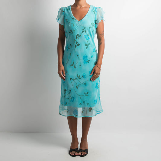 90S TEAL FLORAL MIDI DRESS