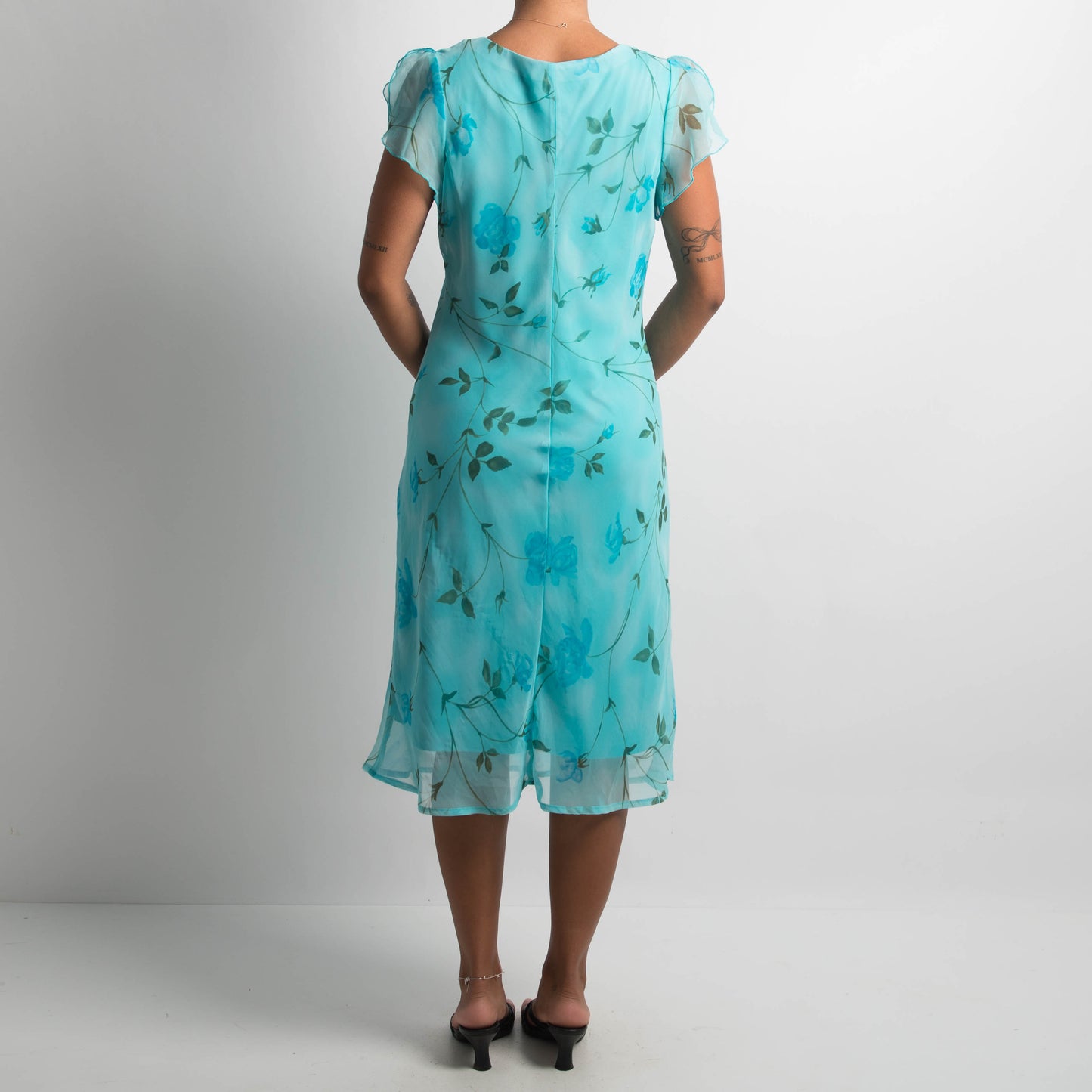 90S TEAL FLORAL MIDI DRESS