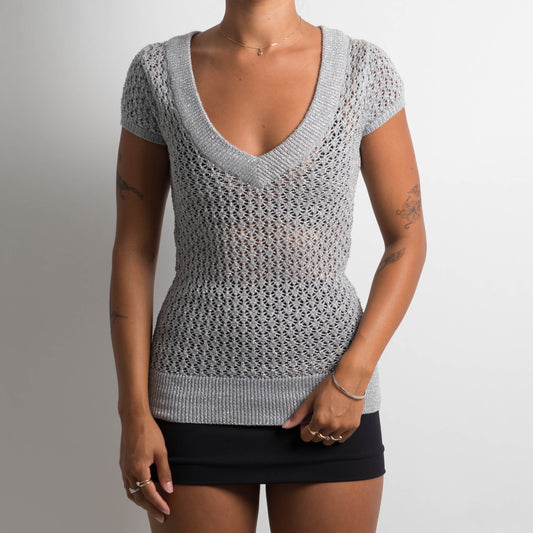 SILVER SHEER CROCHET TOP