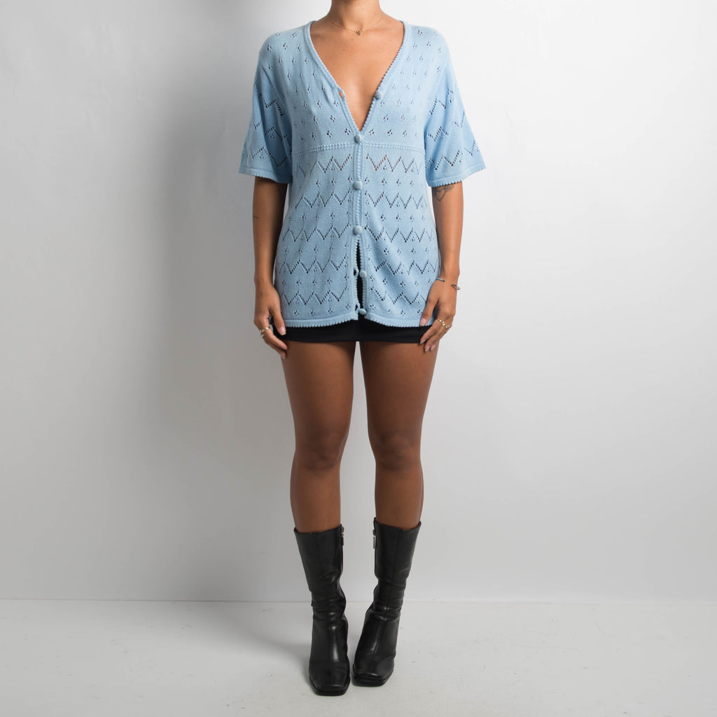 BLUE CROCHET KNIT TOP