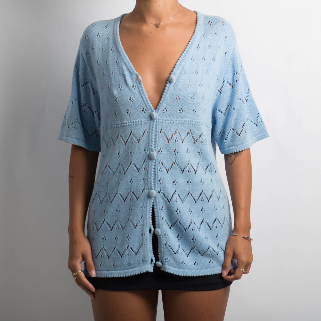 BLUE CROCHET KNIT TOP