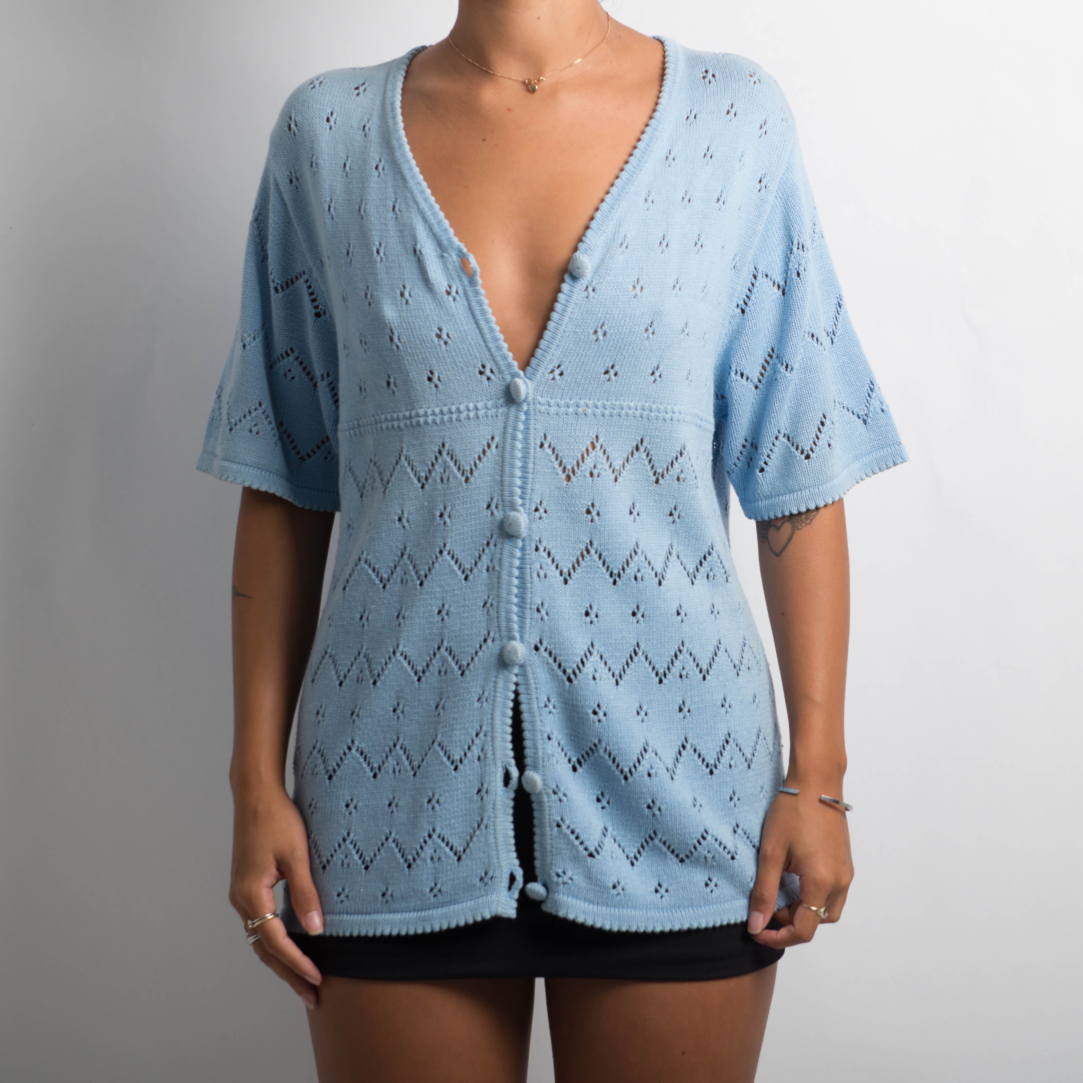 BLUE CROCHET KNIT TOP