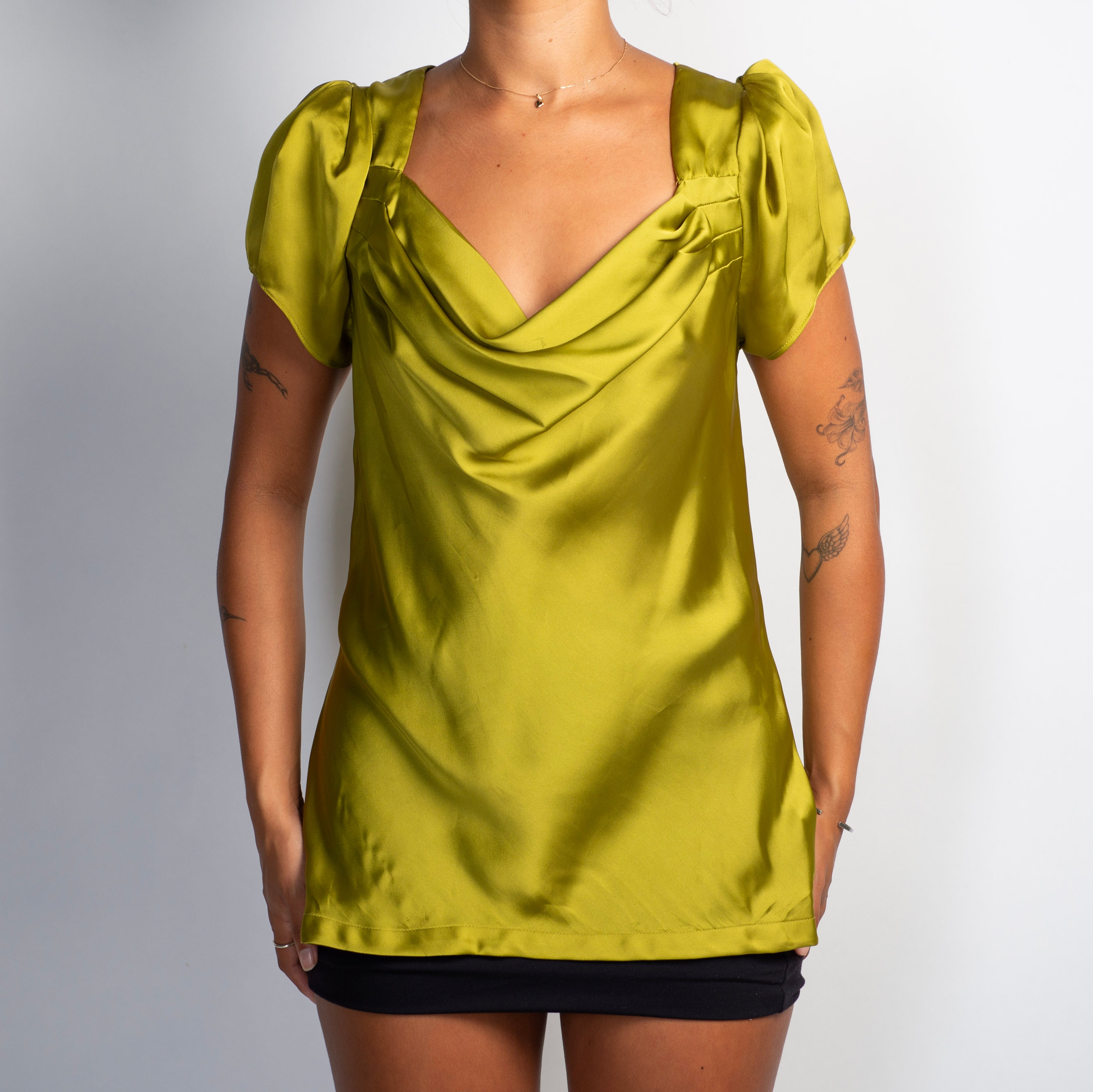 GREEN SATIN COWL NECK TOP