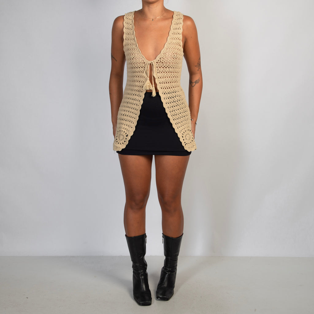 BEIGE CROCHET TIE FRONT VEST