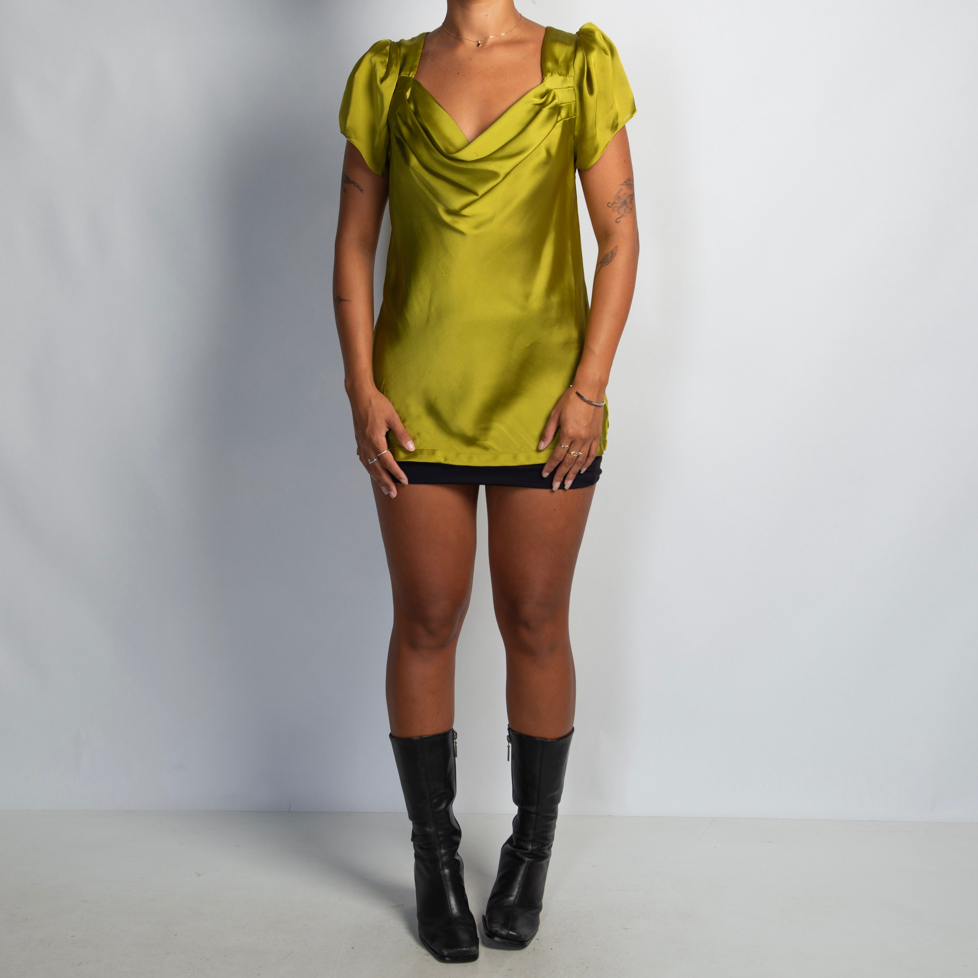 GREEN SATIN COWL NECK TOP