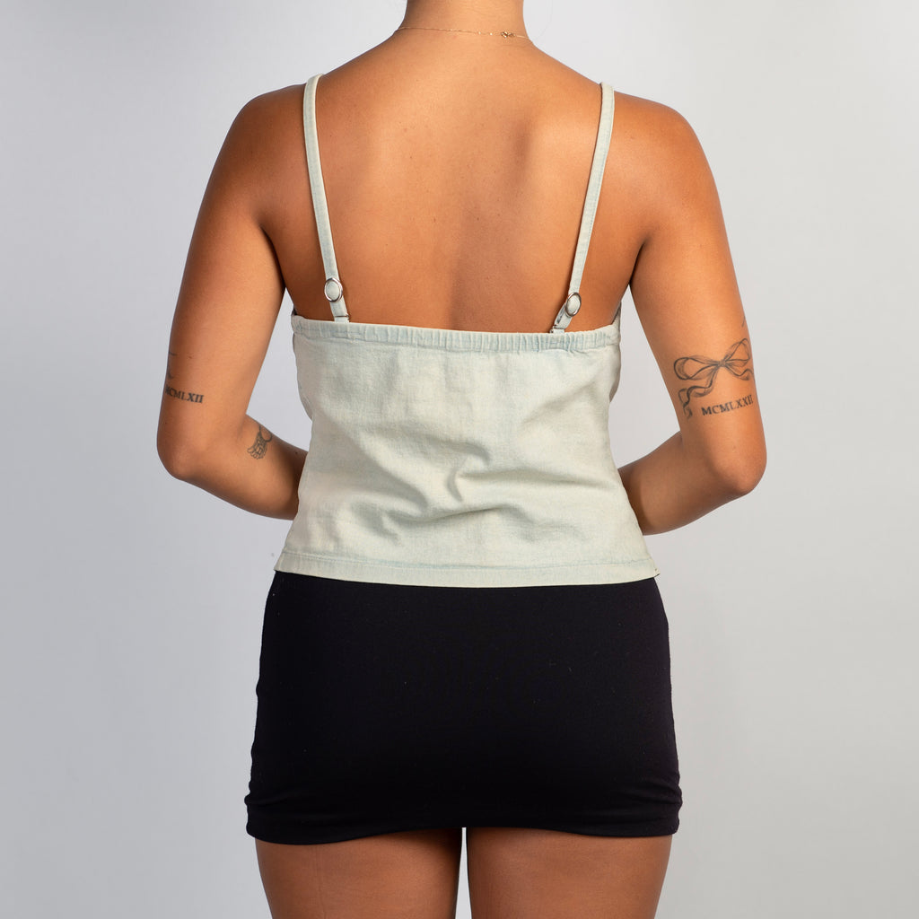 PALE DENIM LACE UP TOP