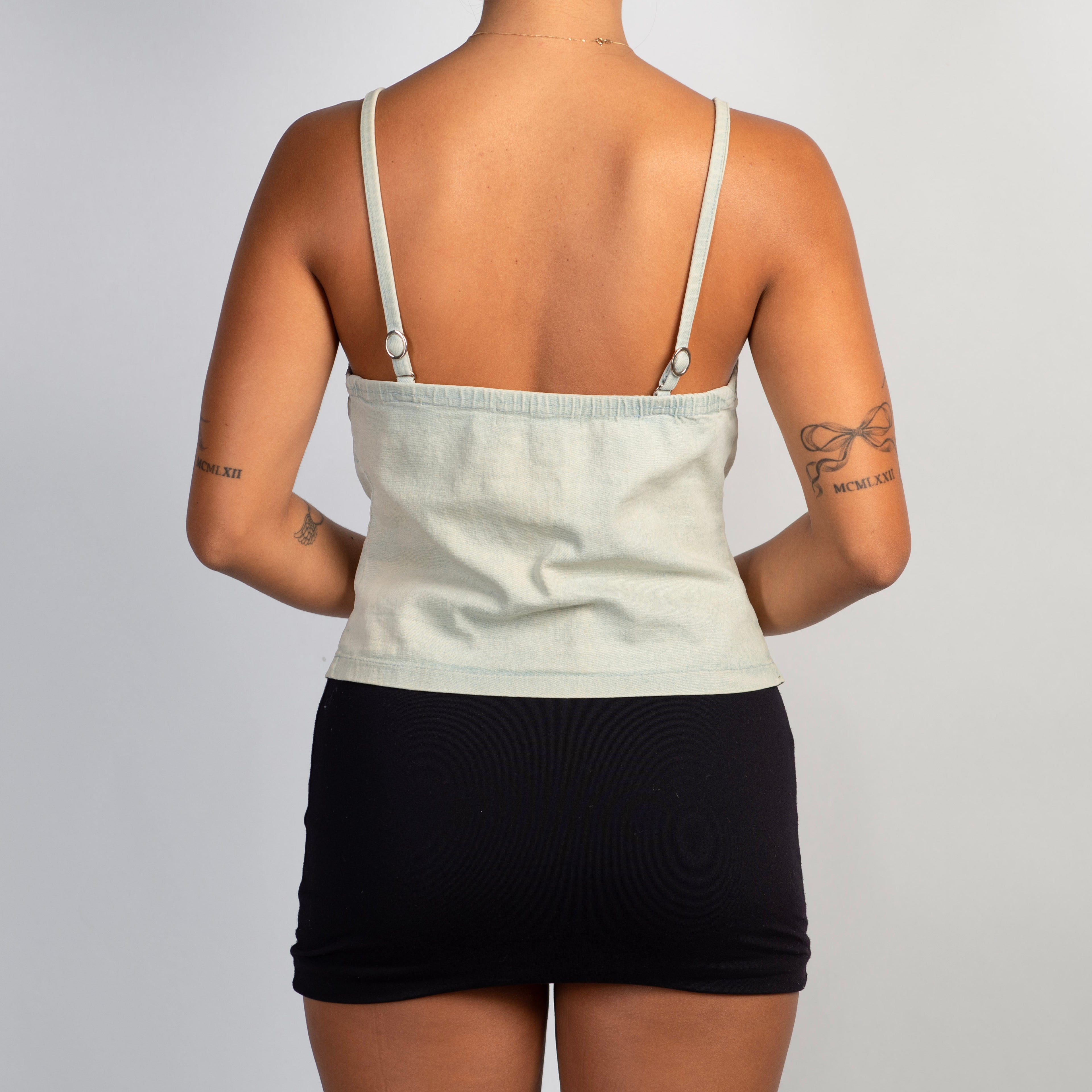 PALE DENIM LACE UP TOP