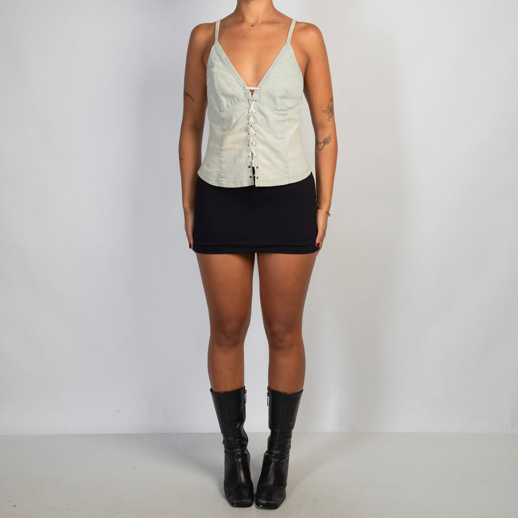 PALE DENIM LACE UP TOP
