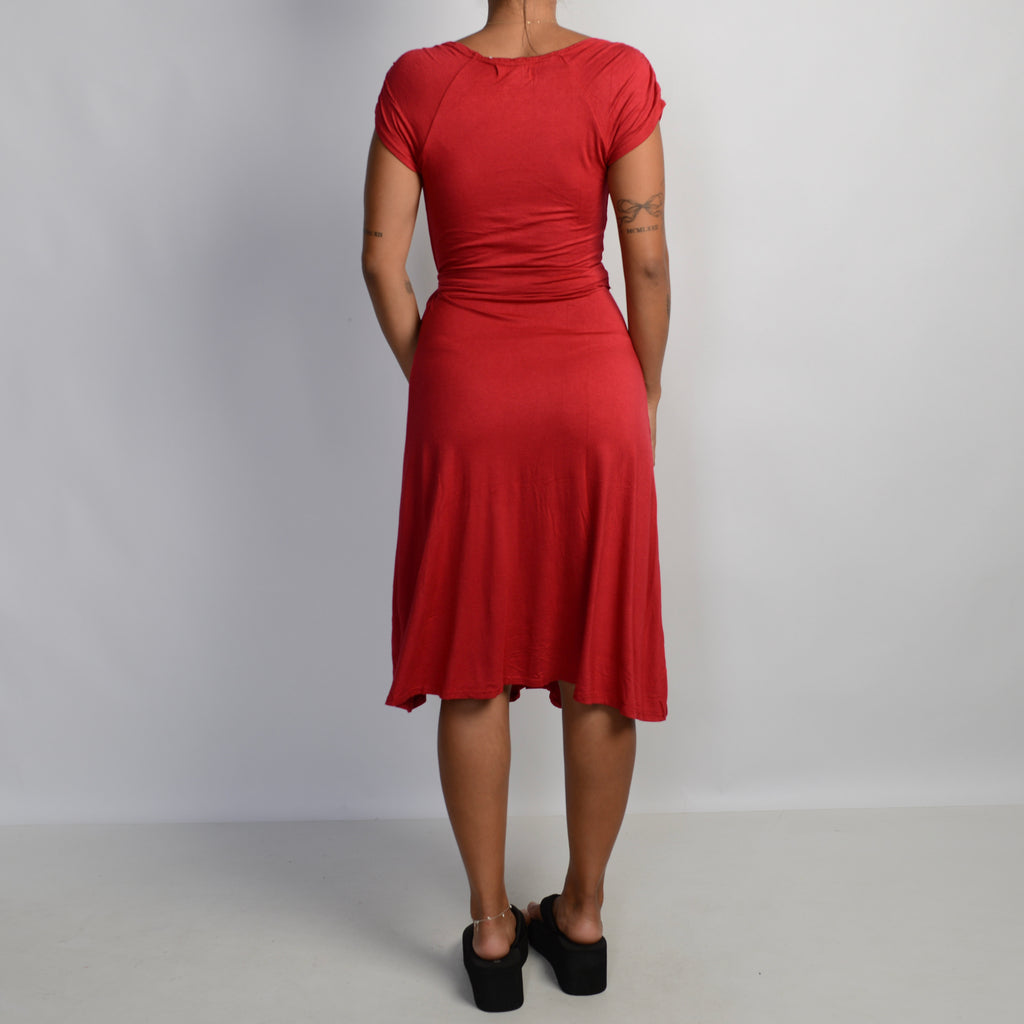RED FAUX WRAP MIDI DRESS