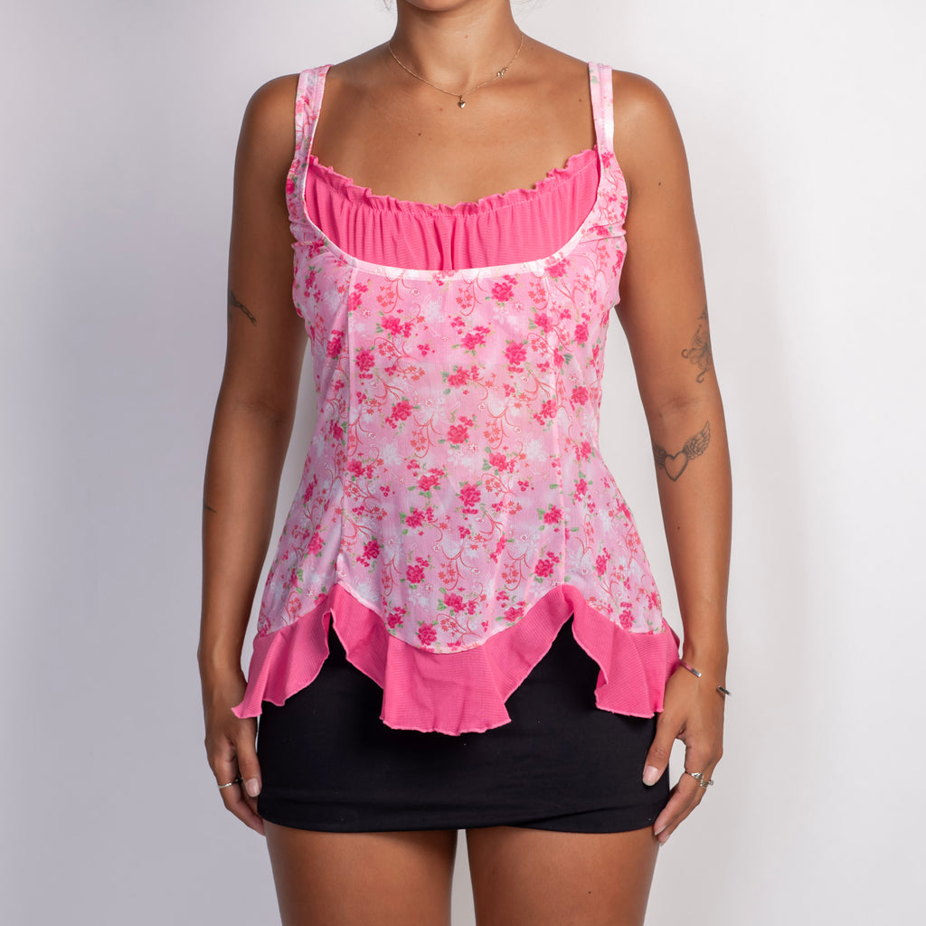 PINK FLORAL MESH TOP