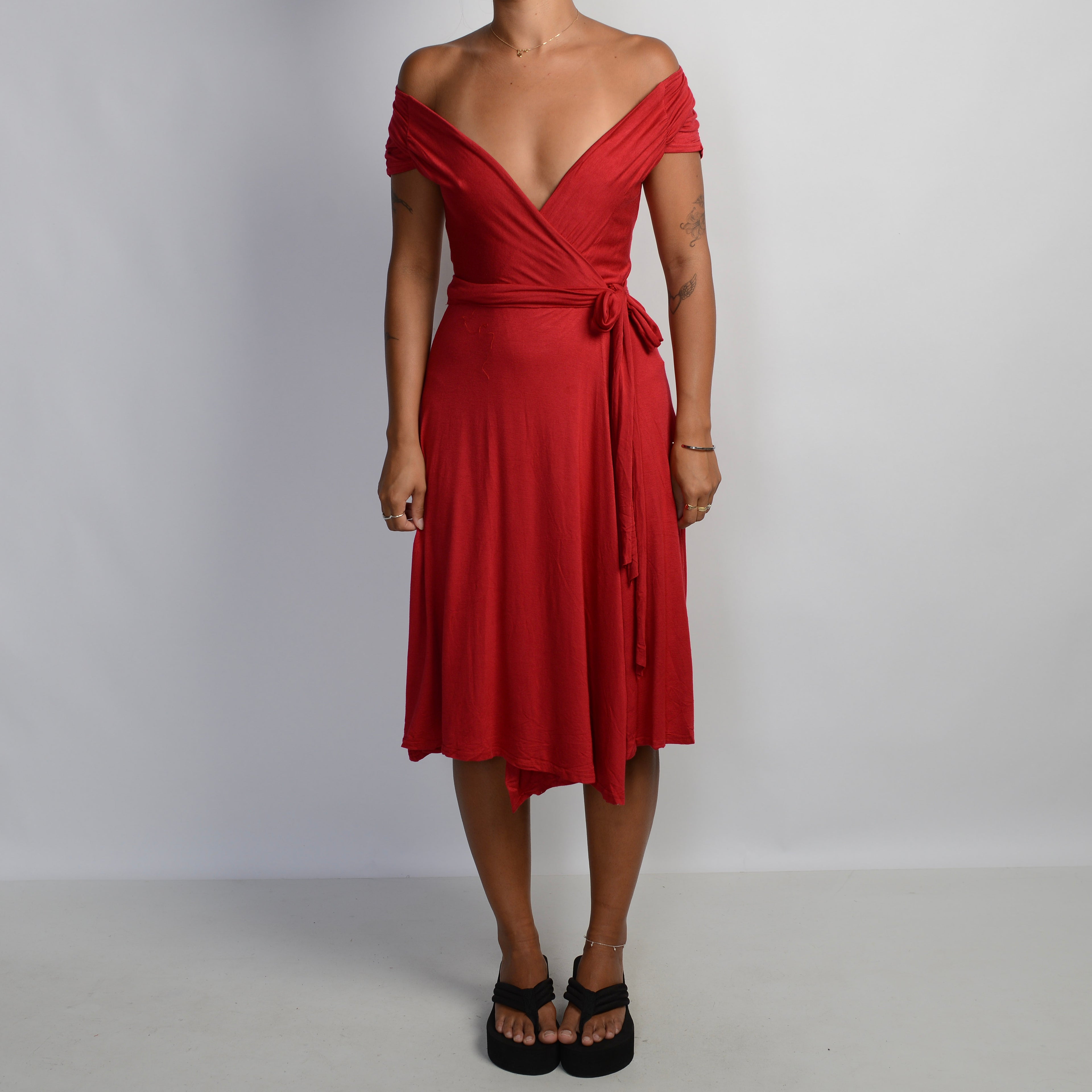 RED FAUX WRAP MIDI DRESS