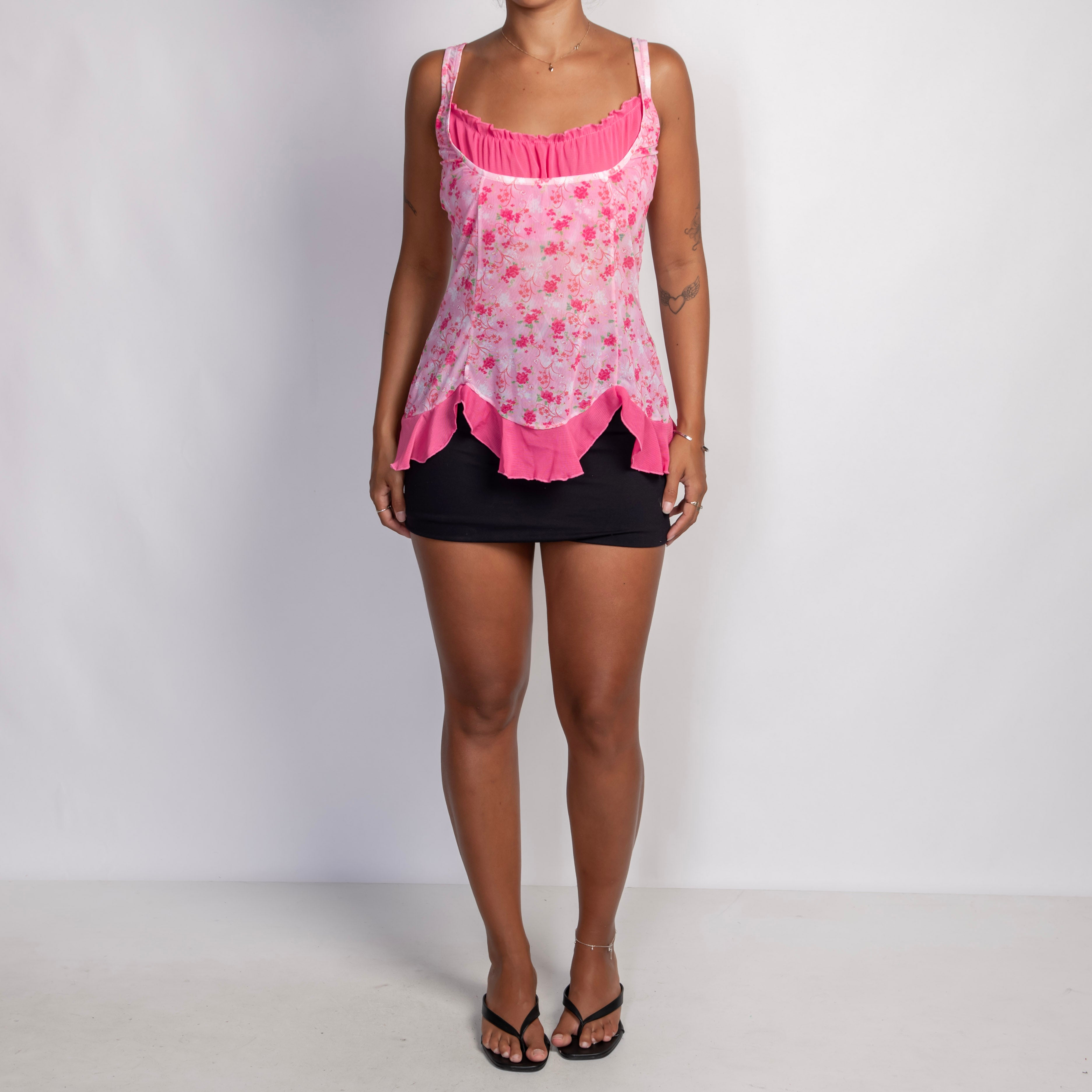 PINK FLORAL MESH TOP